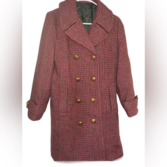 Vintage Harris Tweed 100% Virgin Scottish Wool Houndstooth Pea Coat 1970s XS/S - Picture 1 of 7